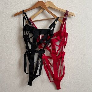 Victoria's Secret Black (NWT Size L) and Red Strappy Cage Bodysuit